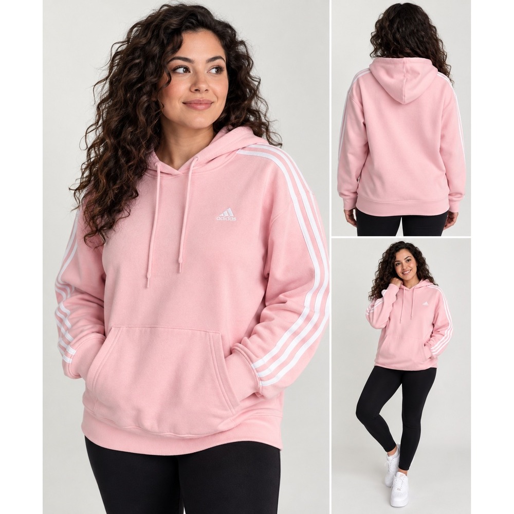 Vintage Y2K Adidas Pink 3-Stripe Fleece Hoodie Sweatshirt Sporty Athleisure L